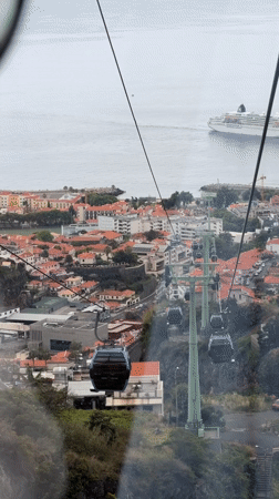 Cable car ride captured over Funchal's red roofs and coastline