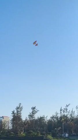The video shows two kites flying high in a clear blue sky.  The kites are red and appear to have faces on them. Below, some trees and a building can be seen on the horizon. The video is taken on a clear, sunny day.