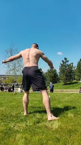 In a sunny outdoor setting, a shirtless man in black shorts executes a gravity-defying acrobatic move on a grassy field. He starts in a standing position, transitions into a handstand, and then launches himself into the air, momentarily suspended horizontally before landing on his feet. The backdrop features a clear blue sky, scattered trees, and a distant group of people lounging on the grass. The man's movements showcase strength and agility, creating a visually impressive display against the natural backdrop.