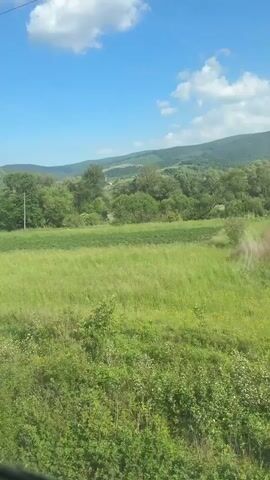 The video shows a view from a moving vehicle, likely a car or train, passing through a rural landscape. The foreground is filled with lush green fields and vegetation, transitioning into a line of trees in the midground. In the background, rolling hills are visible under a bright blue sky with scattered white clouds. There are power lines present. The scene conveys a sense of peaceful movement through the countryside. No people are visible.
