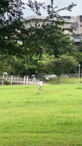 A child runs across a grassy field. In the background, a white pedestrian bridge spans a creek or pathway. Beyond the bridge, trees and modern buildings rise against a cloudy sky. The child is wearing a light-colored t-shirt and shorts.