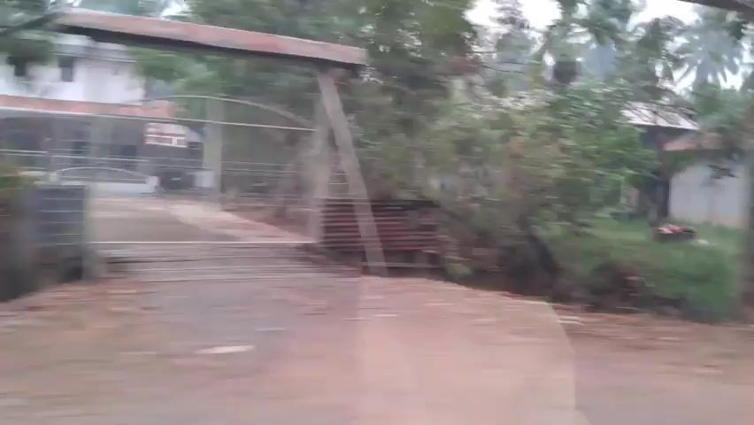 The video is a shaky, first-person perspective shot from inside a moving vehicle. The environment appears to be a rural or semi-rural area, possibly in a tropical region, with lush vegetation including trees and some bushes. Several structures are visible, including what looks like a small building with a corrugated roof and a fence or gate. There are also some objects that could be agricultural equipment or discarded items. The lighting suggests it's daytime, but the sky is overcast or hazy. The motion of the vehicle causes a blurring effect, making it difficult to discern fine details. There are no people or animals clearly visible.