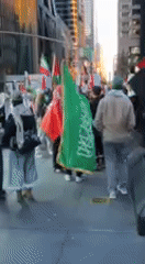 Flag-holding crowd gathers on NYC sidewalk early Thursday morning