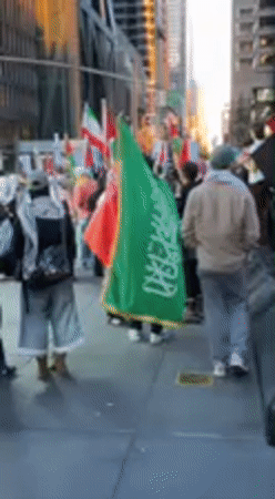 Flag-holding crowd gathers on NYC sidewalk early Thursday morning