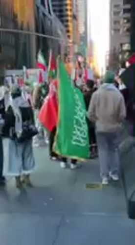 Flag-holding crowd gathers on NYC sidewalk early Thursday morning