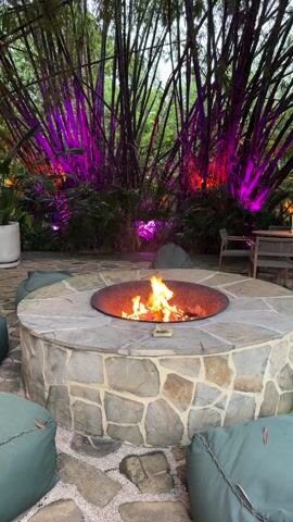 The video displays an outdoor evening scene centered around a large, circular fire pit. The fire pit is constructed with a rustic stone base, featuring irregularly shaped light-colored stones, and a dark metal basin in the center where a fire is actively burning with vibrant orange and yellow flames. A small, light-colored object, possibly a dish or container, rests on the stone rim of the fire pit.

Around the fire pit, several oversized, dark green beanbag cushions are arranged on a stone-paved ground, suggesting comfortable seating for gathering around the fire.

In the background, a dense cluster of tall, dark bamboo stalks creates a striking backdrop. These bamboos are dramatically illuminated by colorful uplights, casting bright pink, purple, and orange hues onto the foliage, contrasting with the dark green of other surrounding plants. To the far left, a simple white planter is visible, and to the right, a dark-colored outdoor table with chairs can be partially seen, indicating another seating area.

The overall atmosphere is warm and inviting, likely set at dusk or night, enhanced by the glow of the fire and the colorful ambient lighting. The sound in the video includes a faint, rhythmic background music and the subtle crackling of the fire.