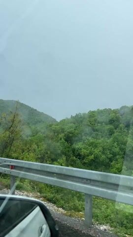The video presents a first-person view from inside a moving vehicle, looking out the passenger side window. The bottom left of the frame shows the side mirror of a white car. A metal guardrail runs horizontally across the mid-ground, separating the road from the natural landscape. Beyond the guardrail, the scene is dominated by a dense, vibrant green forest covering undulating hills and mountains.

The weather is overcast and misty, with a light grey sky. Streaks on the car window suggest recent rain or high humidity. As the car moves, more of the expansive, tree-covered terrain becomes visible, with a distant hill appearing somewhat hazy due to the atmospheric conditions. The overall impression is of a scenic drive through a lush, mountainous region, consistent with the specified location of Donji Ulići, Montenegro. No people or visible text are present in the video.