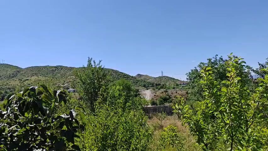 The video shows a panorama of a hilly, green landscape under a clear blue sky. In the foreground, leafy trees obscure some of the view. In the middle ground, there are more trees, some scattered buildings, and a dirt road winding up a hill. In the background, rolling hills are covered in vegetation, with power lines visible on some of the peaks. The overall impression is of a rural, natural environment.