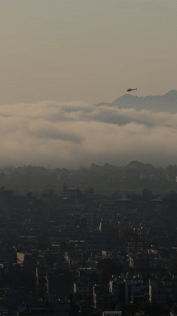 Late night helicopter flight and outdoor exercise in Pokhara