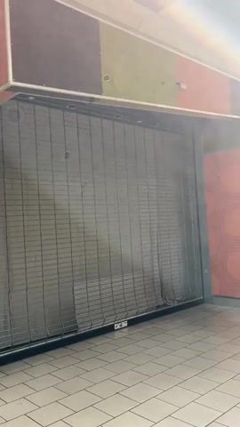The video begins with a view of a closed storefront, likely in a shopping mall, with a metal security gate pulled down. The walls of the mall hallway are decorated with abstract patterns and warm colors. The camera then pans to the right, revealing a long, empty mall corridor. The tiled floor is clean and reflects the overhead fluorescent lighting. Various storefronts line the hallway, most appearing to be closed or unoccupied. A "Prime Retail Space Available" sign is visible on one of the walls. Further down the corridor, a dark-colored SUV is parked in the middle of the walkway. The SUV has its trunk open and appears to be stationary. A small indoor tree is situated near the SUV. A hanging directory board is suspended from the ceiling, displaying store names. A person is sitting on a bench in the background, further down the hallway. The scene suggests a quiet, possibly abandoned or under-utilized shopping mall.