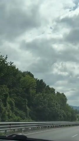 The video captures a view from inside a vehicle traveling on a highway. On the left side of the frame, a dense line of green trees lines the side of the road, creating a lush, natural barrier. The road itself features a metal guardrail that separates the traffic lanes from the embankment. In the distance, a gentle curve in the highway is visible, leading into a landscape of rolling green hills and mountains under a cloudy sky. There are other vehicles on the road, including a silver car visible in the middle distance and what appears to be a white truck or bus further down the road. A billboard with text and an image is also visible near the right side of the frame, nestled amongst the trees and hills. The overall impression is of a scenic drive through a rural or mountainous region.