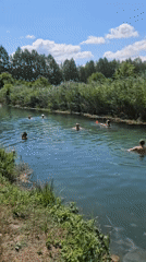 Lazy summer swim day on a green Hungarian riverbank