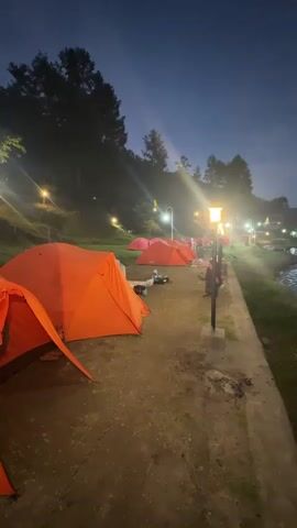 The video shows a campsite at dusk. Several orange and red tents are set up along a concrete path next to a body of water. Trees are visible in the background, and lights from streetlamps illuminate the area. The sky is dark blue. There are no visible people in the video.