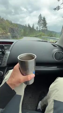 The camera is inside a car moving along a winding road. A man is holding a silver cup in his hand, the cup has cartoon stickers on it. The landscape is a dense green forest, visible through the windshield. The weather is cloudy. The dashboard and the interior of the car are visible in the foreground.