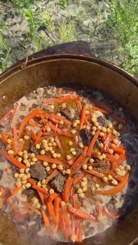 A close-up shot shows a large, dark, well-used cooking pot filled with food. The contents appear to be a stew or pilaf, featuring chunks of meat, thinly sliced carrots, and numerous round, light-brown chickpeas. The mixture is simmering in a light-colored broth, with steam rising from the surface. The pot is set outdoors, with blurred green grass and earth visible in the background. A hand enters the frame, holding a small pile of chickpeas which are then added to the pot. The sunlight suggests it is daytime.