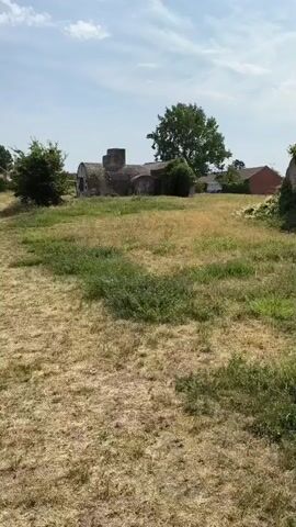 The video shows a grassy field with a few buildings in the background. The buildings appear to be old and in disrepair. There are trees and bushes scattered throughout the field. The sky is blue with some clouds. The video is taken from a moving vehicle, suggesting a journey through the area.