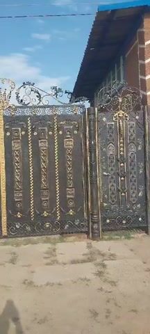 A black metal gate with ornate gold detailing is shown. The gate has a crown design at the top center and decorative posts with spherical lights on either side. The gate is partially open, revealing a glimpse of the yard beyond. The scene appears to be outdoors on a sunny day, with trees and a blue sky visible in the background.
