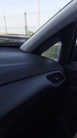 The video captures a first-person view from inside a moving car, looking out the passenger side window. The car's dark dashboard, an air vent, and part of the door panel are visible in the foreground. A side mirror reflects the road and a white vehicle behind. Outside the car, a metal guardrail runs alongside the road, separating it from a strip of dry grass. Beyond the grass, a metal fence with vertical posts and horizontal wires extends. In the background, a large body of water, possibly a lake or sea, is visible under a clear, light blue sky. Thin power lines or utility wires are strung across the sky. The camera pans slightly, showing more of the sky and the distant horizon before returning to the view of the water and the roadside.