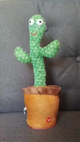 The video shows a stuffed cactus toy with a face and arms. The cactus is green and sitting in a brown pot. The toy lights up and speaks. The background is a gray couch.