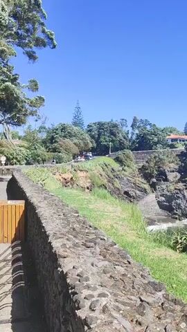 The video shows a coastal landscape under a clear blue sky. In the foreground, there is a low stone wall with grass and vegetation. Beyond the wall, a steep, rocky cliff drops down to the sea. Waves are crashing against the shore. On top of the cliff, there is a road with a few cars and some buildings, including houses with red roofs, surrounded by trees and lush greenery. The camera pans slightly to the right, revealing more of the coastline and the blue ocean. The scene is bright and sunny, suggesting it is daytime. There are no people visible in the immediate foreground or in clear view on the cliff.