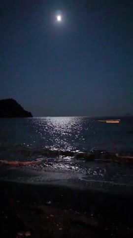 The video shows a nighttime beach scene. The moon is visible in the dark blue sky, casting a shimmering reflection on the ocean. Gentle waves are breaking on the dark sand shore. A small boat is anchored in the distance. A dark, hilly landmass is visible on the left horizon.
