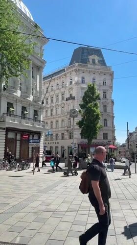 Vienna street scene captured showing pedestrian area with stone paving