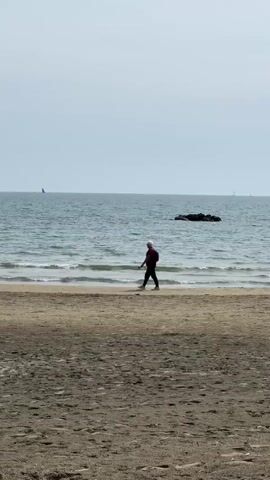 The video shows a person walking along a beach near the water. They have short white hair, are wearing a reddish-brown shirt, dark pants, and light colored sneakers. They also have a small black backpack. They walk from right to left in the frame. The beach is sandy, and the water is gray-blue with small waves. In the distance, there is a sailboat on the water and a small rocky outcropping. The sky is overcast.