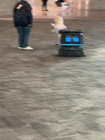 This video captures a child walking with a robot in what appears to be a public indoor space, possibly an airport or a large mall. The child, with blonde hair and wearing a light-colored outfit, is holding a stuffed animal. A person, seen from the back, is walking beside the child. The robot, a dark-colored, wheeled unit with a screen displaying blue square "eyes," is moving alongside them. The floor is carpeted with a gray, abstract pattern. In the background, there are glimpses of a modern interior with polished floors and glass railings, suggesting a contemporary building. There is no indication of the time of day or weather. The overall mood seems neutral, with the focus on the interaction between the child and the robot. No visible text is present in the frame.