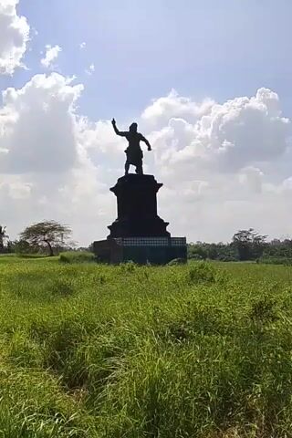 The video shows a silhouetted statue of a person standing on a pedestal in a grassy field. The statue is dark and appears to be made of metal. The person in the statue is depicted with one arm raised and a finger pointing upwards. The sky above is partly cloudy with a bright sun. In the foreground, there is tall green grass. In the distance, there are trees. The video also includes shots of the sky and power lines with the sun shining through.