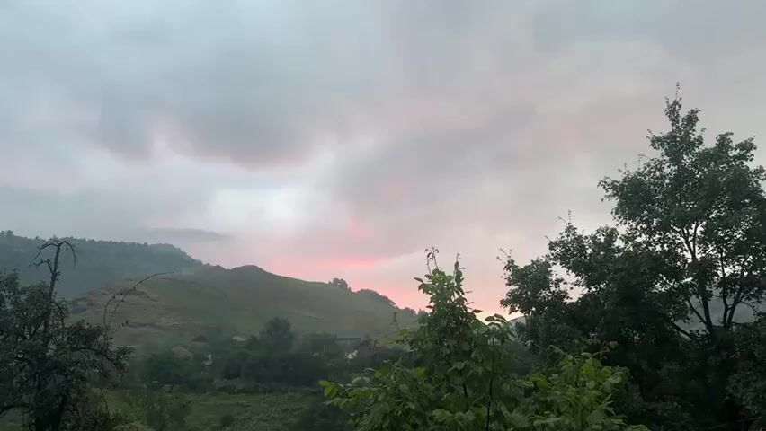 A time-lapse video captures a cloudy sky with patches of pink, indicating either sunrise or sunset, over a hilly landscape. The foreground is dominated by dark green trees, some with bare branches, obscuring parts of the view. The middle ground shows rolling hills covered in vegetation, with a few structures faintly visible in the distance. The sky is overcast with thick clouds, but a soft pink glow emanates from the horizon, suggesting the presence of the sun below. The overall atmosphere is moody and serene.