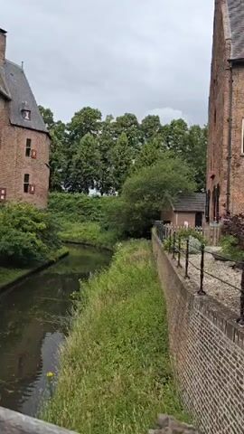A video pans across a moat surrounding a brick castle. The moat is filled with dark water and some scattered debris. On the left side of the moat is a large brick building with a gray tiled roof and red-shuttered windows. Dense green foliage grows along the edge of the moat. On the right side of the moat is a brick wall and a wooden bridge leading to an arched entryway. Beyond the castle walls, a line of green trees is visible against a cloudy sky. The video is from a first-person perspective, suggesting the viewer is walking across the bridge.
