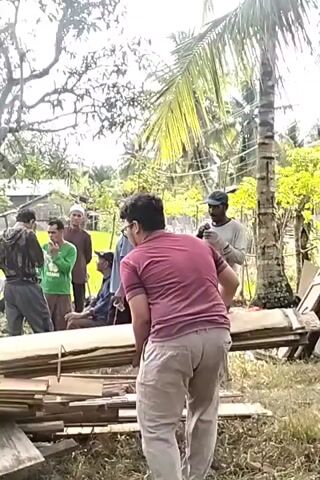 The scene appears to show a group of men outdoors, potentially engaged in some kind of construction or building activity. The focal point is a pile of lumber, presumably the raw materials for their project. A man in a maroon shirt and beige pants is shown at the front of the pile.  Behind him, other men are gathered, some wearing hats or caps.  They seem to be discussing something.  The environment includes trees, including what appears to be a coconut palm, and a rural backdrop with a building in the distance.  The ground is grassy.  The lighting suggests it's daytime, and the overall atmosphere seems communal.