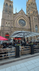 Evening patio life captured in Montreal's gothic district