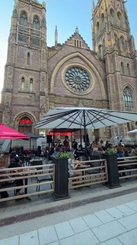 Evening patio life captured in Montreal's gothic district