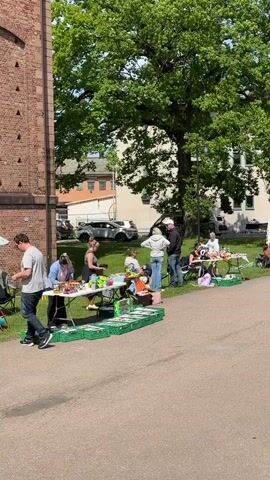 A vertical, eye-level, moving video shows a community outdoor flea market in a sunny park with mature trees. The paved pathway is lined with vendors on both sides, each with their own table displays. People are seen browsing the merchandise, chatting, and walking along the path. Some vendors are seated, while others stand and attend to their tables. The pathway leads towards buildings in the background.
