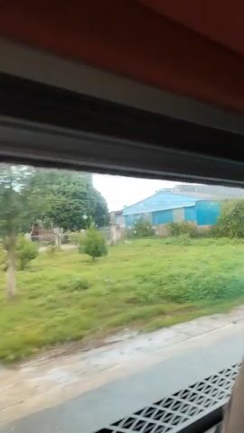 A view from inside a vehicle, looking out a window. The window is partially obscured by horizontal blinds. Outside, it appears to be raining, with wet roads and lush green vegetation. Buildings with signs and a Vietnamese flag are visible in the distance. The camera is moving, suggesting the vehicle is in motion.