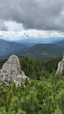 A video captures a mountain landscape. In the foreground, there is lush green vegetation, possibly pine branches. Behind this, large, rugged rock formations stand prominently, with one rock spire in the center casting a shadow. Beyond the rocks, a dense forest of evergreen trees covers the rolling hills. In the distance, layers of mountains fade into the horizon under a cloudy sky. The overall scene suggests a wilderness or natural park environment.