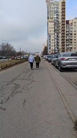 Two women are walking away from the camera, using Nordic walking poles. They are on a sidewalk beside a road with cars parked on it. A tall apartment building is in the background. There are also bare trees, and traffic on the other side of the road. The sky is overcast.