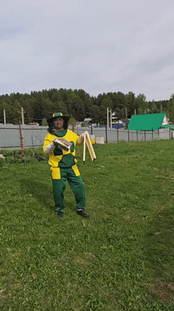 Beekeeper tends hives in protective gear in Markovo