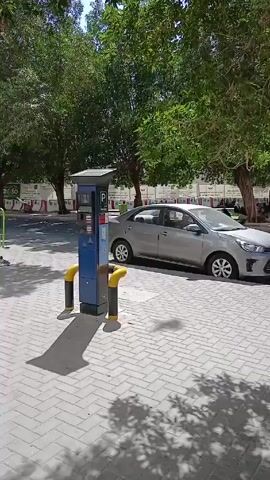 The video shows a city street with a parking meter in the foreground. There is a silver car parked behind the meter. Several people wearing white robes are walking down the street in the background. There are also some pigeons on the ground. There are trees lining the street, and a building under construction in the distance. The sky is blue and sunny.