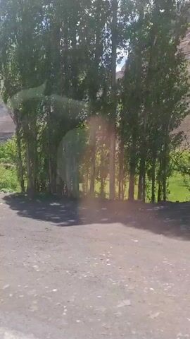 The video shows a landscape with mountains in the background and a road in the foreground. The road is gravel or dirt and has some green vegetation along its edges. There are trees lining the side of the road.  A building with a red roof and white walls can be seen behind the trees. An old, dark-colored car is parked in front of the building. The sky is blue with some white clouds. The video appears to be taken from a moving vehicle.