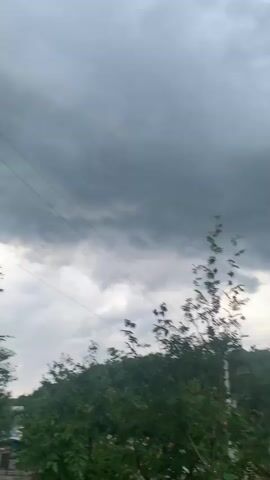 The video captures a panoramic view of a cloudy sky, with dramatic dark clouds looming overhead, suggesting an impending storm. Below the sky, a lush green landscape unfolds. A tall tree with delicate branches and leaves stands prominently in the foreground, its silhouette contrasting with the stormy sky. In the middle ground, several buildings are visible, including a multi-story structure with a red-tiled roof and another modern building with a white facade and numerous windows. The buildings are nestled amidst rolling green hills covered with trees, creating a picturesque, albeit somewhat ominous, scene. Power lines crisscross the frame, adding a utilitarian element to the natural and architectural landscape. The overall impression is one of a tranquil rural setting under a brooding sky.