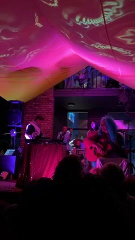 A live music performance is taking place under a large, pink and yellow tent with projected light patterns resembling clouds or abstract organic shapes. On stage, a person with bright blue hair is seated and playing an acoustic guitar, singing into a microphone. To their left, another person is standing and operating a DJ setup with turntables and a mixer, illuminated by purple stage lights. A third person is visible in the background, standing and appearing to sing into a microphone. A fourth person, possibly a drummer, is partially obscured behind a keyboard. In the foreground, the silhouettes of an audience are visible, facing the stage. The stage is covered with a sequined red tablecloth. Speakers are positioned on either side of the stage. The overall ambiance is vibrant and festive, with a focus on the performance and the dramatic lighting.