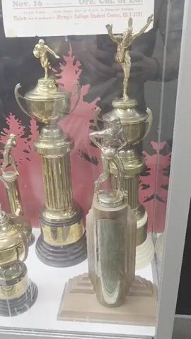 The video shows a display case containing several sports trophies. The trophies are made of gold and silver, and depict athletes in various poses. Some of the trophies are large and ornate, while others are smaller and simpler. The display case is lit from above, and the trophies are arranged on shelves. In the background, there is a poster with text and images that are not fully visible. There is also a reflection of a person in the glass of the display case, holding a phone. The overall impression is one of a sports memorabilia exhibit.