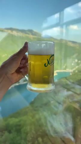 A person's hand, with painted fingernails, holds a glass mug of beer up to the camera. The mug has a green logo on it. In the background, out of focus, is a window with a view of mountains and a lake. The sunlight is bright, creating glare on the window.