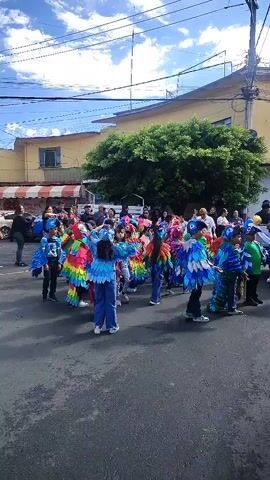 The video shows a group of children in bird costumes in a parade. The children are walking down a street with buildings on either side. Some of the children are wearing blue costumes, while others are wearing colorful costumes. There are also adults walking alongside the children. There is a truck with balloons behind the children. The weather appears to be sunny, with a blue sky and some clouds. There are power lines visible above the street.
