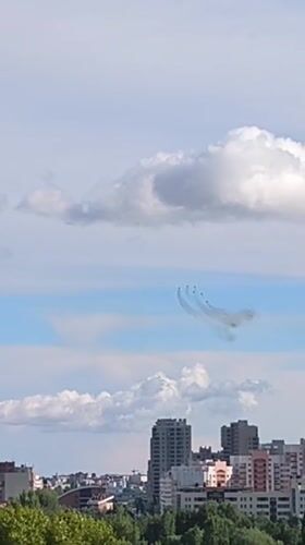 Jet formations fly over Kazan in a midday airshow display