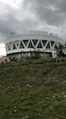 Circular white building with triangular windows in Petropavlovsk-Kamchatsky