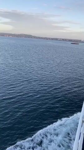 The video captures a view from a moving vessel on a body of water. The water exhibits gentle ripples, and a white wake trails from the vessel on the right side of the frame. In the distance, a shoreline is visible, characterized by a gentle slope and dotted with buildings and trees, suggesting a coastal town or city. The sky above is a pale blue with scattered white clouds, indicating it is likely early morning or late afternoon. A large, red-hulled cargo ship is also visible on the horizon. The overall scene conveys a sense of calm travel and scenic coastal views.