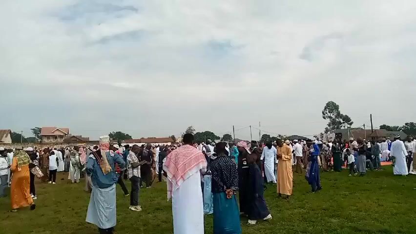 Here is a detailed description of the video provided:

The video captures a large gathering of people, predominantly dressed in traditional Muslim attire, on a grassy field under a cloudy sky. Individuals can be seen wearing long robes, headscarves, and various types of cultural clothing. The crowd is spread out, with people standing, walking, and generally socializing. In the background, there are residential buildings and trees, indicating a village or suburban setting. The overall atmosphere seems to be one of community and celebration, possibly related to a religious event or holiday. The camera is positioned at ground level, providing a wide view of the scene and allowing the viewer to take in the large scale of the gathering.